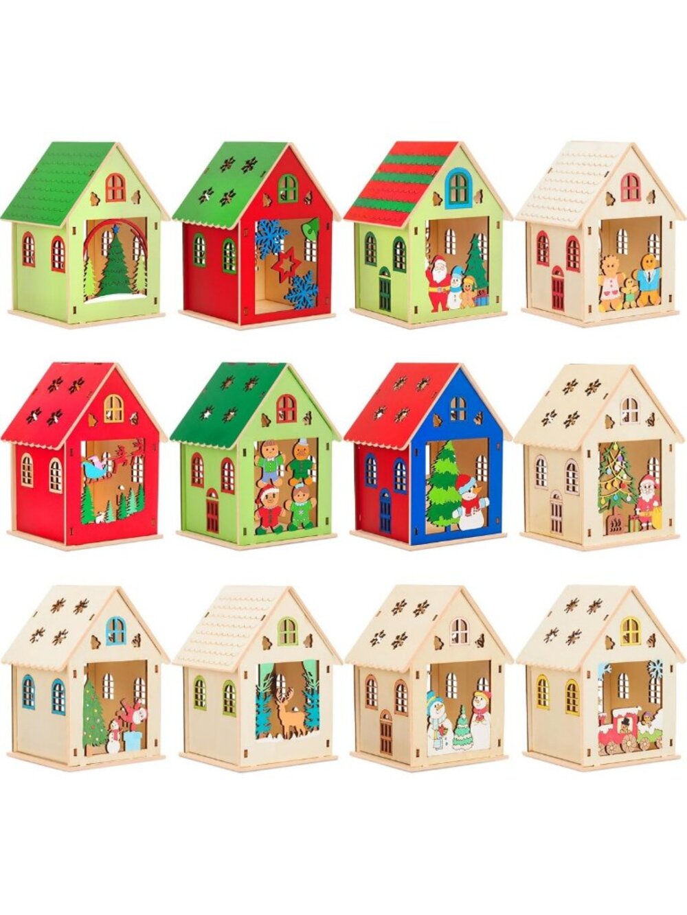 24 Sets Christmas Wooden Houses to Paint - DIY Gingerbread Village Decor
